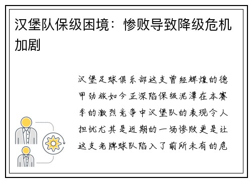 汉堡队保级困境：惨败导致降级危机加剧