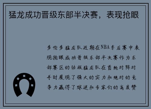 猛龙成功晋级东部半决赛，表现抢眼